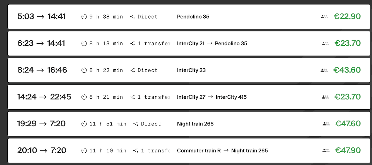 Helsinki - Rovaniemi trains in March 2025 (searched Dec 7, 2024)